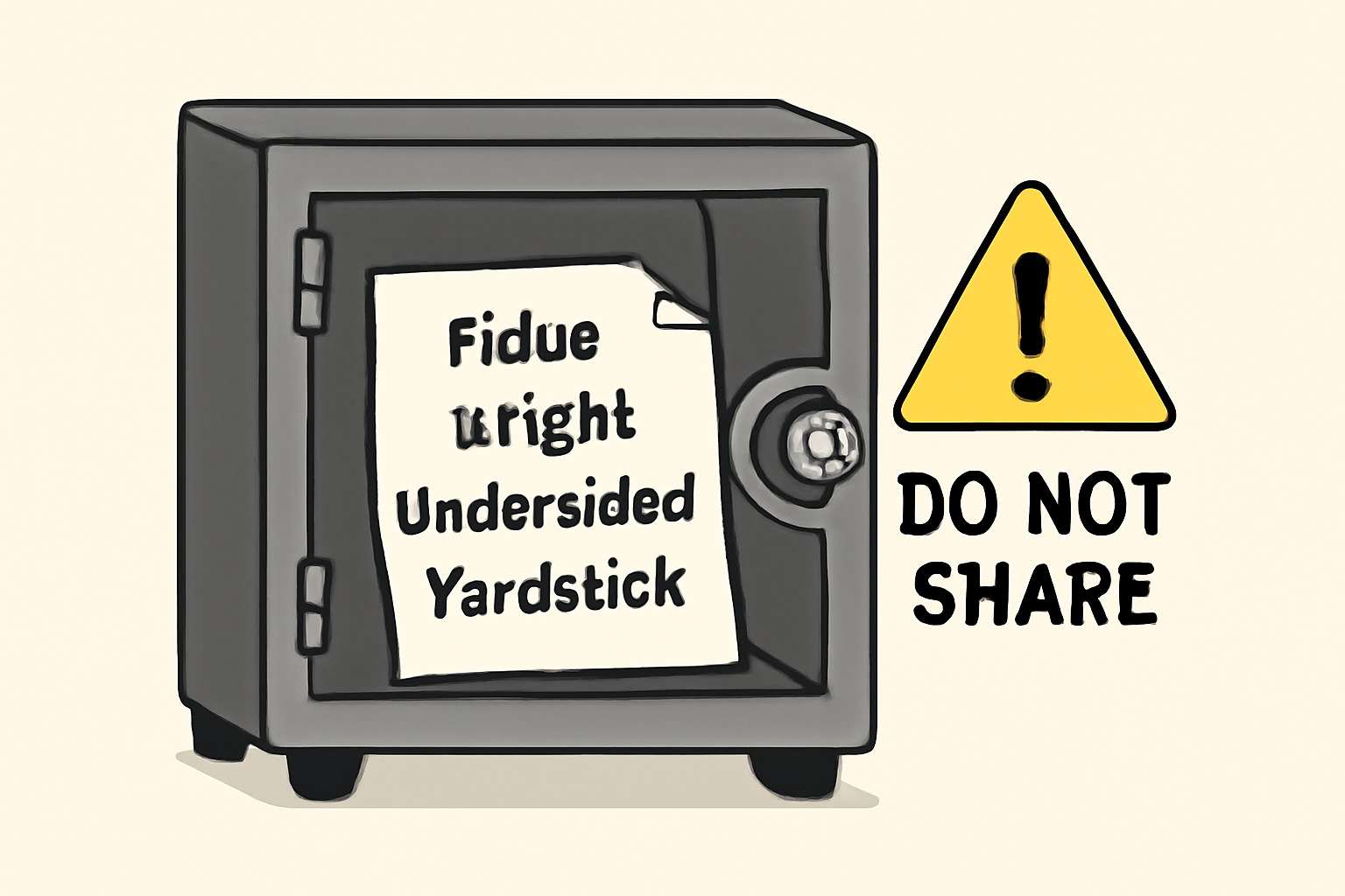 A locked safe holding a piece of paper with random words, with a warning sign not to share.