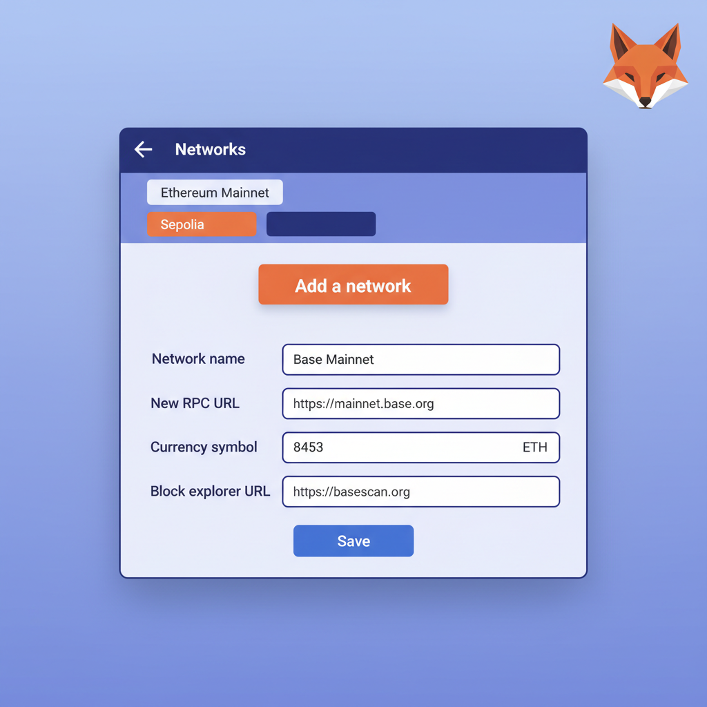MetaMask network settings screen showing Base Mainnet addition form