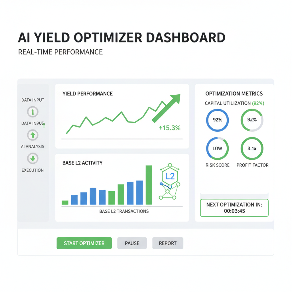 real-time AI yield optimizer dashboard with performance charts, green upward arrows, Base L2 visuals