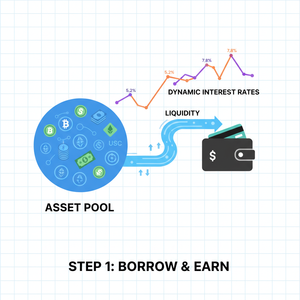 borrowing assets from pool, liquidity flowing to wallet, dynamic interest rate graphs