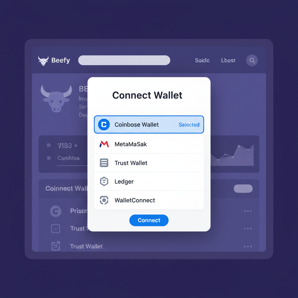 wallet connection popup on Beefy site with Coinbase Wallet selected