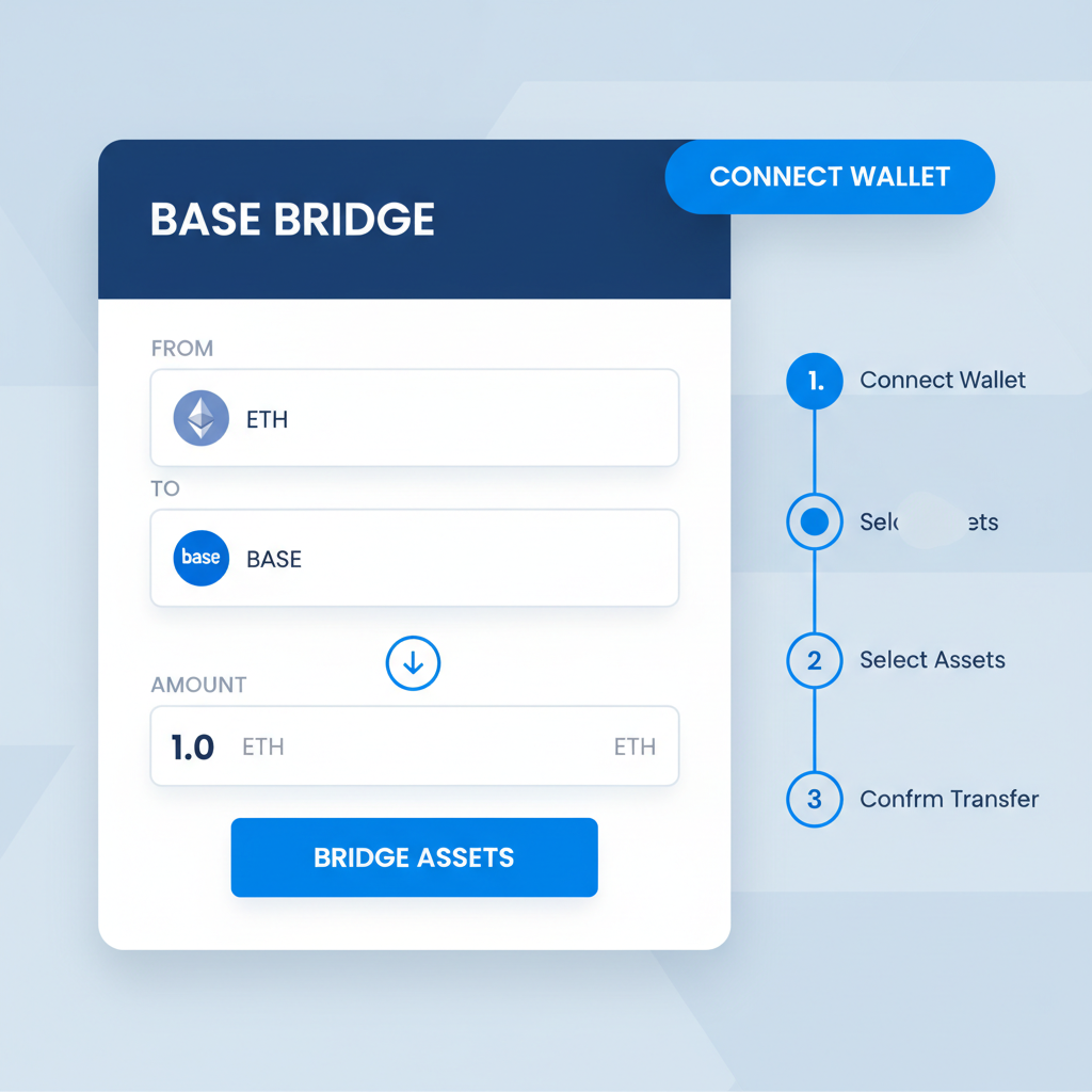 Base bridge website interface, wallet connect button, ETH from ETH to Base selection