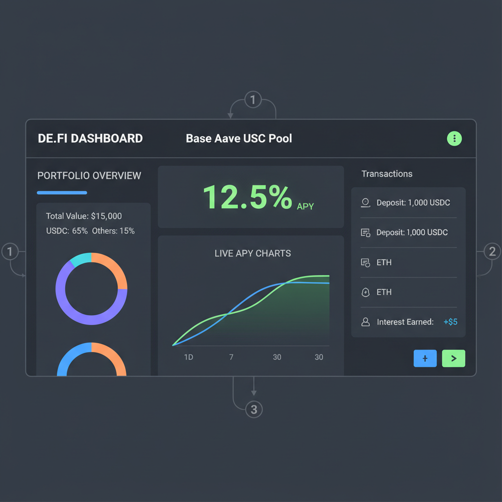 De.Fi dashboard showing Base Aave USDC pool, live APY charts, portfolio overview, dark mode UI