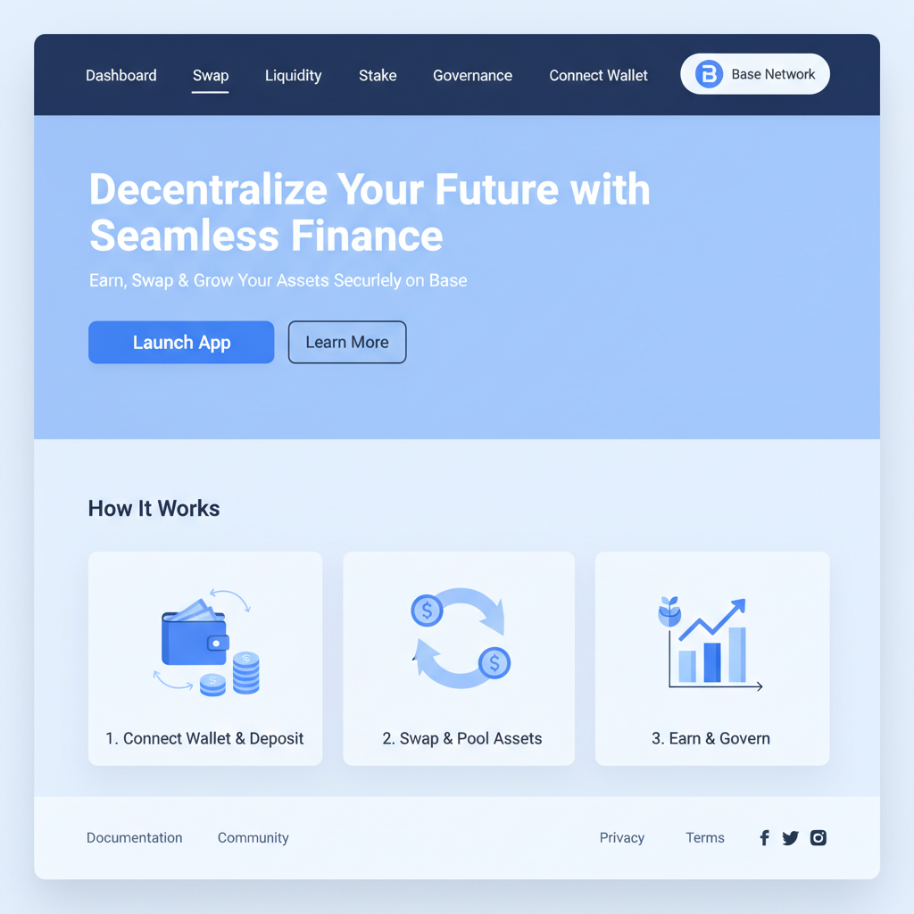 clean DeFi website homepage with Base network selector, modern UI, blue tones