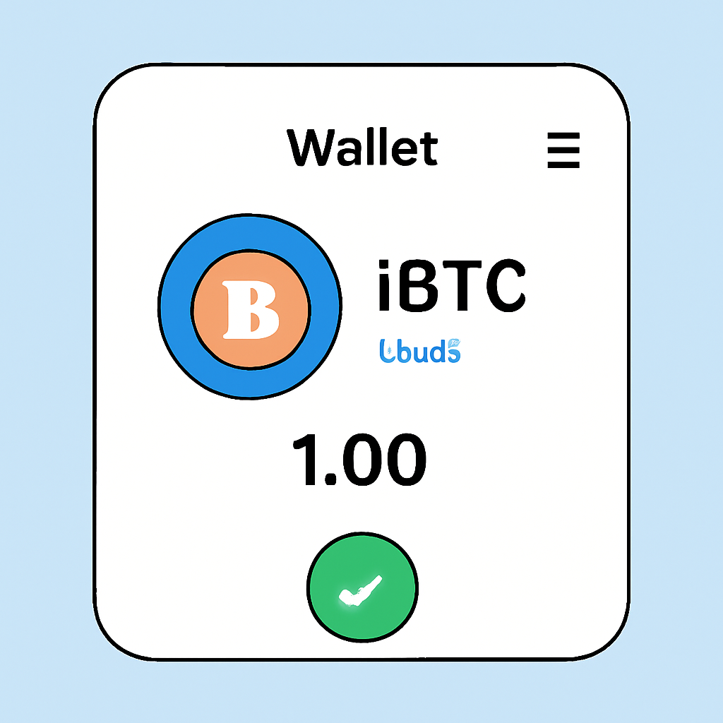 A wallet interface showing iBTC or wrapped BTC on the Base network, with a checkmark for success